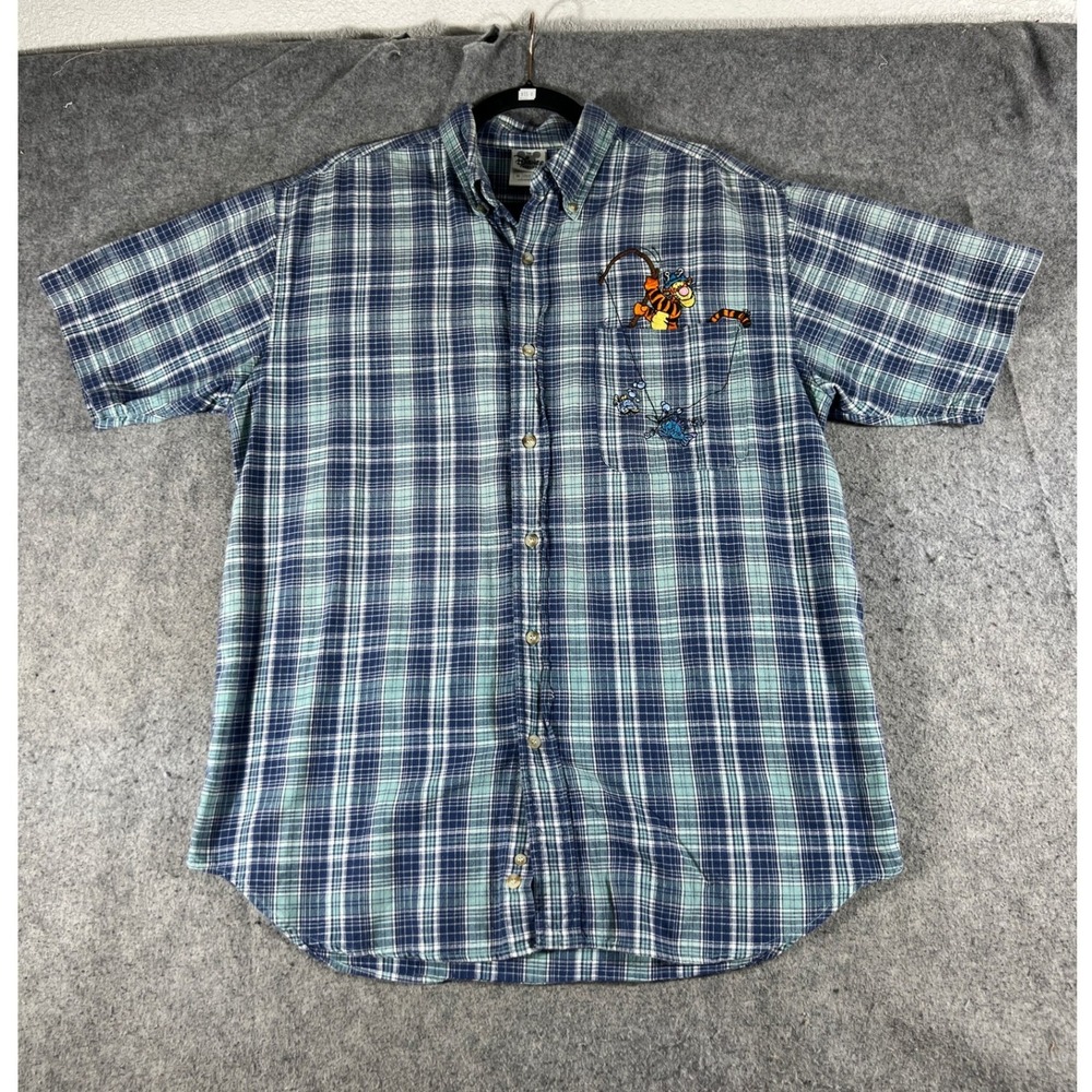 VTG Tigger Fishing Disney Catalog Button Down Shirt Mens M Blue Plaid Western